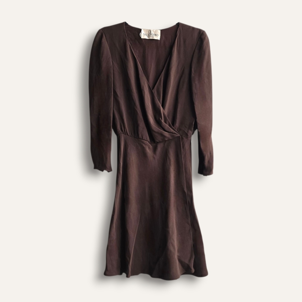 90s Valentino Boutique Crepe Surplice Dress - Chocolate Brown (S)